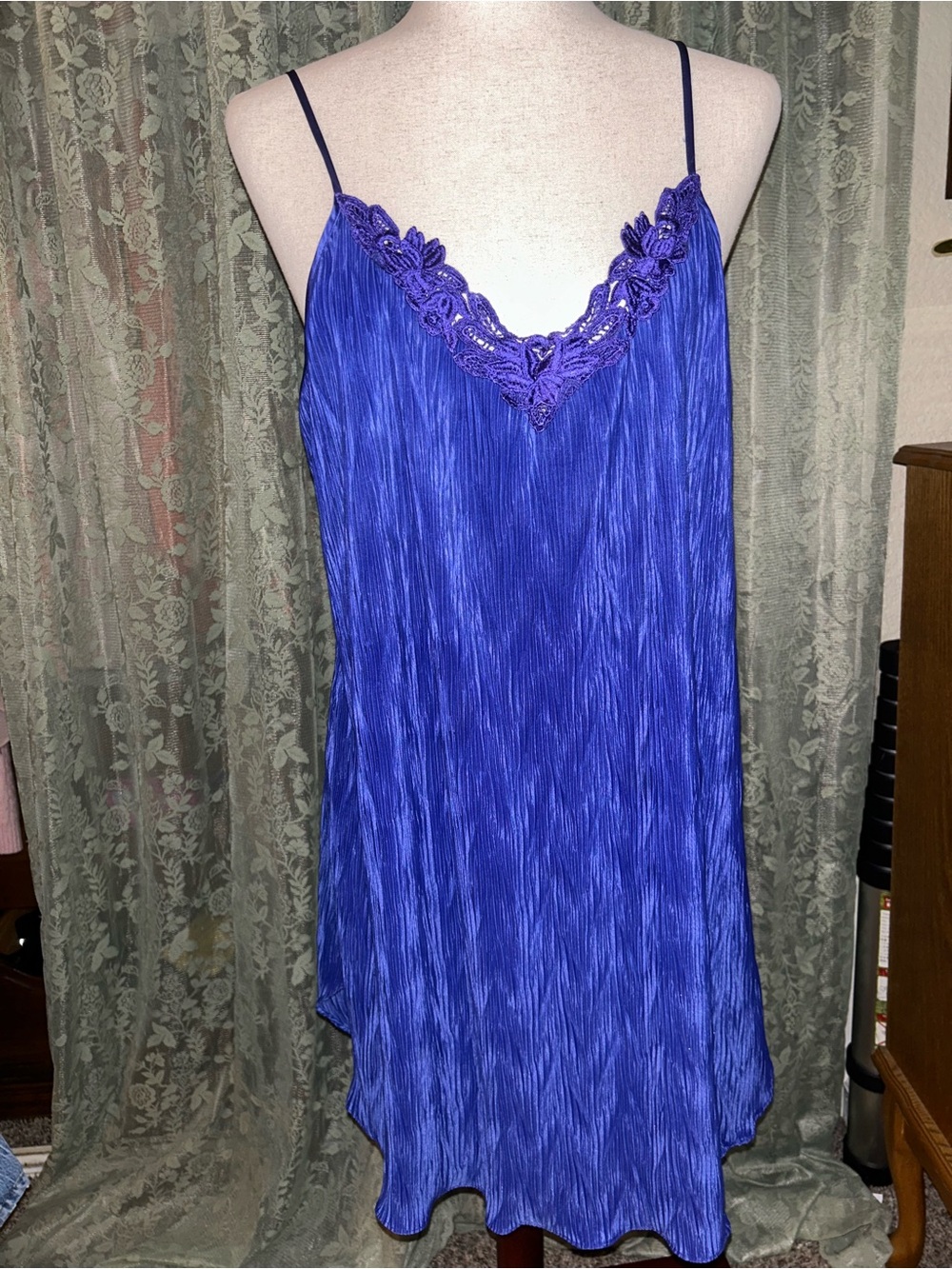 Vintage Dantelle Dress Lace-Trim Satin Slip Dress Royal Blue with Purple Hue